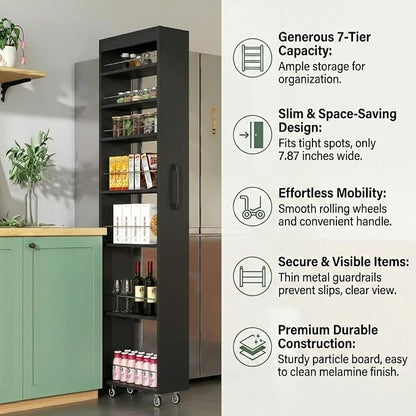 Slim Rolling Storage Cart, 7-Tier Pull-Out Spice Rack with Handle & Wheels, Narrow Kitchen Organizer for Next to Fridge, Pantry, Laundry Room, 7.87 Inch Wide Space Saver （Black,Exposed Wheels