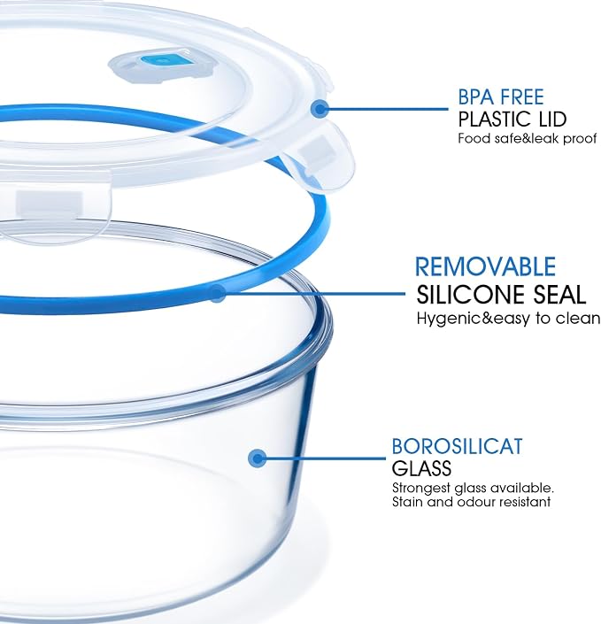 NUTRIUPS 95/54/30/15oz Round Large Glass Food Storage Containers with Airtight Lids, Meal Prep Containers, Ideal for Baking and Storing Casseroles, Lasagnas, Vegetables, Fruits,4-Piece Set