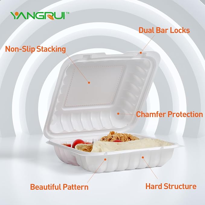 YANGRUI 150-Pack 34oz 8" White Hinged Containers - Mineral-Filled PP | Clean Packed Ready to Use | Heavy Duty Meal Prep & Takeout Boxes | Microwave Safe BPA Free, Stackable Clamshell for Leftovers