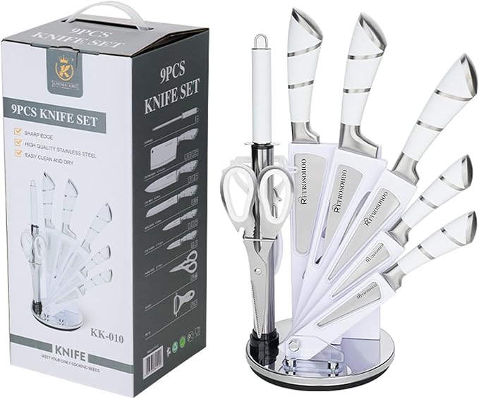 Kitchen Knife Set, Retrosohoo 9-Piece White Sharp Non-Stick Coated Chef Knives Block Set,Stainless Steel Knife Set for Kitchen with Sharpener for Cutting Slicing Dicing Chopping (White)
