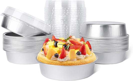 Beasea Mini Pie Tins with Lids, 20 Pack 4 Inch 8oz Disposable Creme Brulee Ramekins Silver Mini Small Aluminum Foil Pie Tart Cake Baking Pans Individual Round Containers Oven Safe for Baking