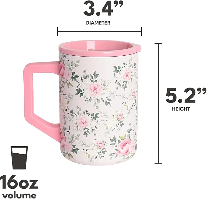 Elemental Insulated Coffee Mug - Triple-Wall Stainless Steel Summit Travel Cup for Hot and Cold Drinks - Thermal Coffee Mug with Lid and Handle for Camping, Office & Travel 16oz - Rose Garden