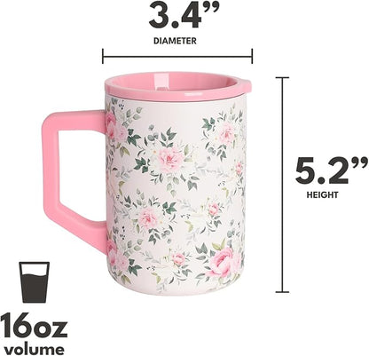 Elemental Insulated Coffee Mug - Triple-Wall Stainless Steel Summit Travel Cup for Hot and Cold Drinks - Thermal Coffee Mug with Lid and Handle for Camping, Office & Travel 16oz - Rose Garden