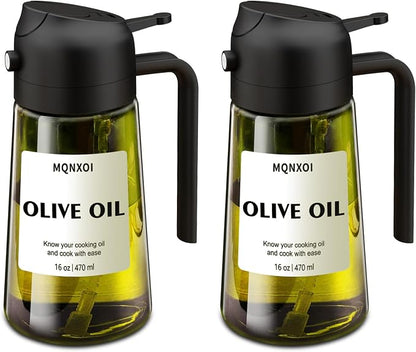 mqnxoi 2 in 1 Glass Oil Sprayer & Dispenser,16oz/470ml Olive Cooking, Air Fryer, and Salad, for Kitchen Gadgets and Air Fryer Accessories, w/Stickers (Black + Dark Green Bottle 2)