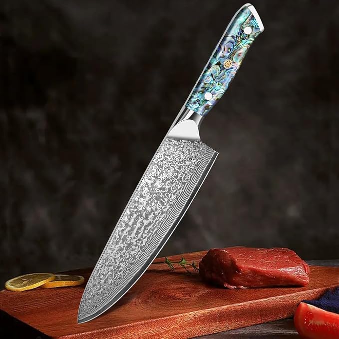 Home Safety Japanese Damascus Knife, Chef's Knife with Sharp 20cm Blade Made of 67 Layers of VG-10 Damascus Steel Kitchen Knife Damascus Carving Knife, Abalone Shell Handle, Gift Box