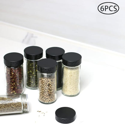 Tianifa 6pcs Black Spice Jars, 3 oz Glass Seasoning Bottles, Spices Container, Empty Spice Jars,Round Spice Bottles with Airtight Plastic Caps with Shaker Lids