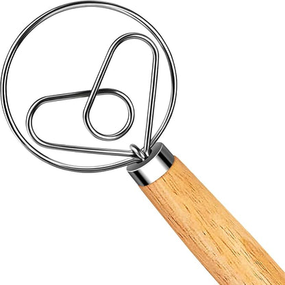 Hand Whisk Stainless Steel Dough Hook Dutch Whisk for Sourdough Bread Dough Mixer Hand Wooden Handle Kitchen Whisking Mixing Tool Bread Making Tools (Love heart shape)
