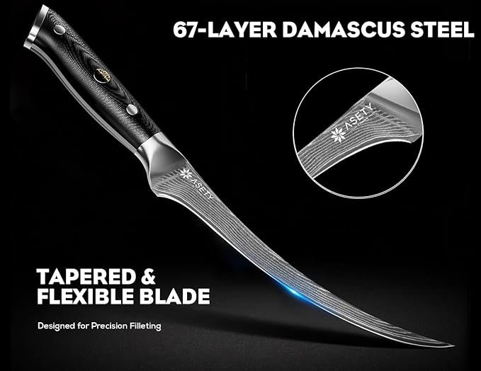 Damascus Fillet knife 7 Inch - Ultra-Sharp Fillet Knife for Fish and Meat, Professional Japanese Boning Style with VG10 Steel Core, Full Tang G10 Handle, Elegant Box