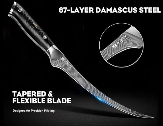Damascus Fillet knife 7 Inch - Ultra-Sharp Fillet Knife for Fish and Meat, Professional Japanese Boning Style with VG10 Steel Core, Full Tang G10 Handle, Elegant Box