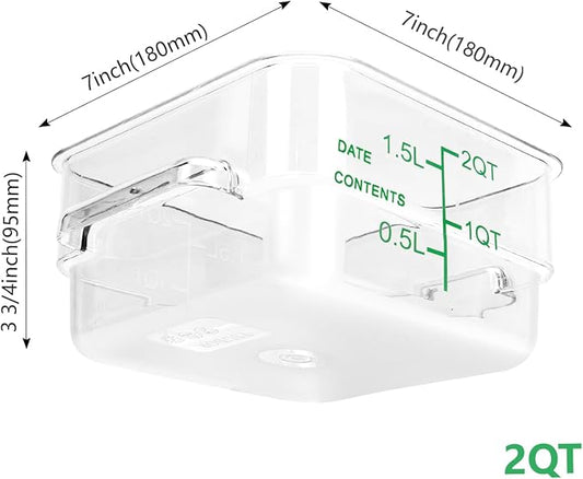 4 Pack Food Storage Containers with Green Lids, 2.0 Qt - Square, Clear, Polycarbonate, for Restaurant Commercial Kitchen and Home party