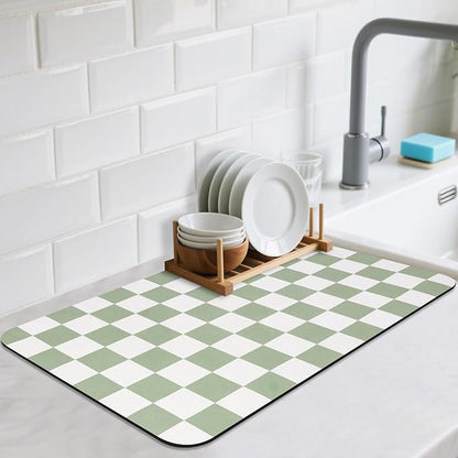 CooRug Checkered Dish Drying Mat for Kitchen Counter, Absorbent Non-Slip Coffee Mat, Heat Resistant Mat for Countertops Coffee Bar Decor 16" x 24" Green