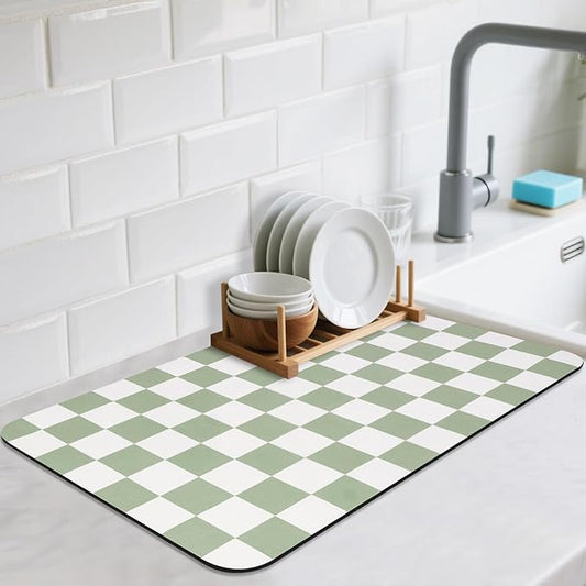 CooRug Checkered Dish Drying Mat for Kitchen Counter, Absorbent Non-Slip Coffee Mat, Heat Resistant Mat for Countertops Coffee Bar Decor 12" x 20" Green