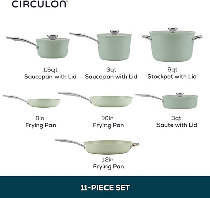 Circulon Halo with LaserDefense Ceramic Nonstick Cookware Set, 11-Piece Pots and Pans Set, Sage