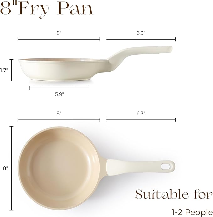 PRICUSIS Nonstick Ceramic Frying Pan, 8/10 Inch Skillet with Stay Cool Handle, Fully Coated, Induction Compatible, 100% Dishwasher Safe, PTFE PFAS & PFOA Free（8 Inch, Coconut White）