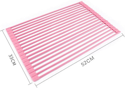 Roll Up Dish Drying Rack Over The Sink.Foldable Kitchen Drainer,Fully Silicone Cover Stainless Steel Bar,Heat-Resistant, Anti-Slip Sink Rack for Kitchen Counter Multipurpose.