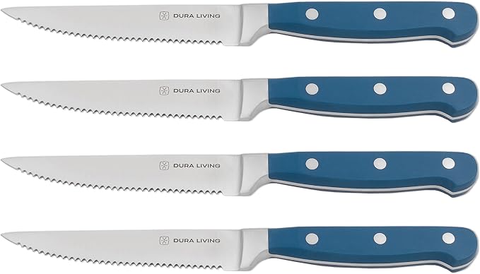 DURA LIVING Premium 4-Piece Steak Knife Set – Sharp Serrated Blades, Forged High Carbon Stainless Steel, Full Tang, Ergonomic Handle, Royal Blue – Ideal for Dining & Entertaining