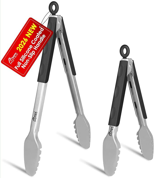 Hotec Stainless Steel Kitchen Tongs, Set of 2-9" and 12", Locking Metal Food Tongs for Cooking, Serving, BBQ, Grill Non-Slip Grip