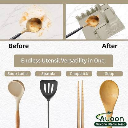 Auoon Silicone Spoon Rest with Lid Holder - 3 in 1 Kitchen Utensil Rest for Soup Ladles, Pot Lids, Spatulas, Spoons, Tongs, BPA Free & Dishwasher Safe, 8.26 x 8.06 Inch (Milk Shake, Large)