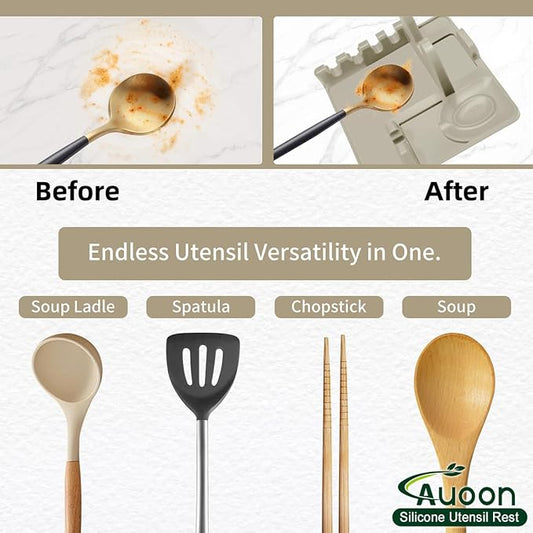 Auoon Silicone Spoon Rest with Lid Holder - 3 in 1 Kitchen Utensil Rest for Soup Ladles, Pot Lids, Spatulas, Spoons, Tongs, BPA Free & Dishwasher Safe, 8.26 x 8.06 Inch (Milk Shake, Large)