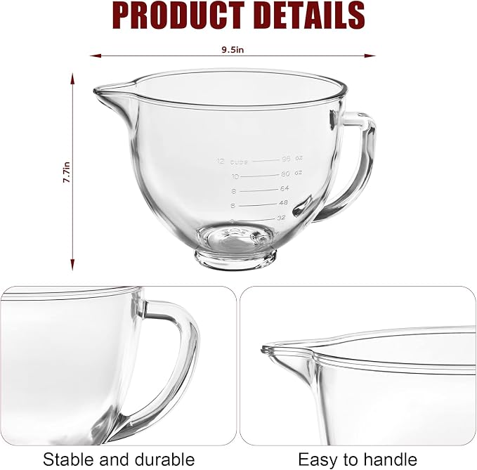 Double-layer Thickened Glass Mixer Bowl For Kitchenaid Tilt-Head Stand Mixers 4.5-5 Quart, 5Qt Mixing Bowl Replacement For Kitchenaid with Measurement Markings & Handle