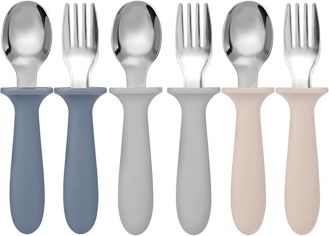 Eascrozn Toddler Forks and Spoons Set, 6 Pack Kids Silverware with Silicone Hand, 18/8 Stainless Steel Children Safe Toddler Utensils, BPA Free, Dishwasher Safe