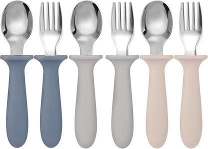 Eascrozn Toddler Forks and Spoons Set, 6 Pack Kids Silverware with Silicone Hand, 18/8 Stainless Steel Children Safe Toddler Utensils, BPA Free, Dishwasher Safe