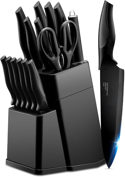LIANYU Kitchen Knife Set with Block and Sharpener, 15 Pieces Knife Block Set, High Carbon Stainless Steel Chef Knife Set, Includes Utility Paring Santoku Steak Knife, Sharp&Rust Resistant, Black
