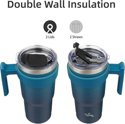 Konokyo 20 oz Tumbler with Handle and 2 Straw 2 Lid, Insulated Water Bottle Stainless Steel Vacuum Cup Reusable Travel Mug,Indigo Black