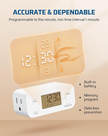 DEWENWILS Indoor Countdown Timer Outlet, Digital Timers for Electrical Outlets Indoor with Repeat, Auto Shut Off for Fan, Lights, Charger, Curling Iron, Hair Straightener, 15A/1000W, 1/2 HP, 2 Pack