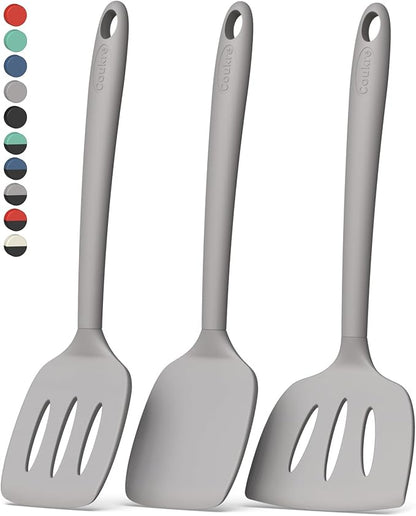 Coukre 3 Pack Silicone Spatula Set, High Heat Resistant, BPA-Free, Fish Spatula, Solid & Slotted Turner for Non-Stick Pans, Flipping Eggs, Pancakes, Fish, Burgers (3, PureGray)