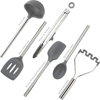 Tovolo Silicone Cooking Utensil Set of 6 Stainless Steel Handle Ladle Slotted Turner Tongs Flex Core Spatula Scraper Mixing Spoon & Potato Masher, Dishwasher Safe BPA Free Utensils, Charcoal Gray