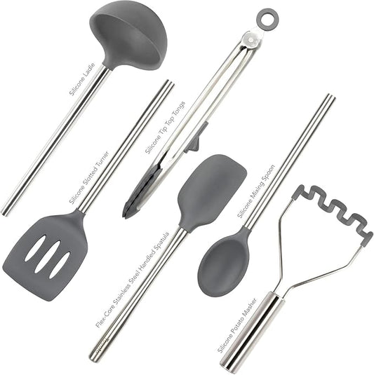 Tovolo Silicone Cooking Utensil Set of 6 Stainless Steel Handle Ladle Slotted Turner Tongs Flex Core Spatula Scraper Mixing Spoon & Potato Masher, Dishwasher Safe BPA Free Utensils, Charcoal Gray