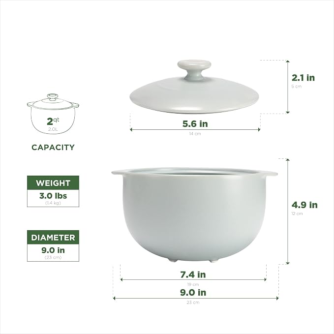 MINH LONG 2-Qt Porcelain Dutch Oven with Lid – Lead & Cadmium Free, Oven Safe to 482°F, Heat Retention, Clay Pot for Cooking on Gas & Infrared Cooktop, Use to Marinate, Cook, Bake, Refrigerate & Serve