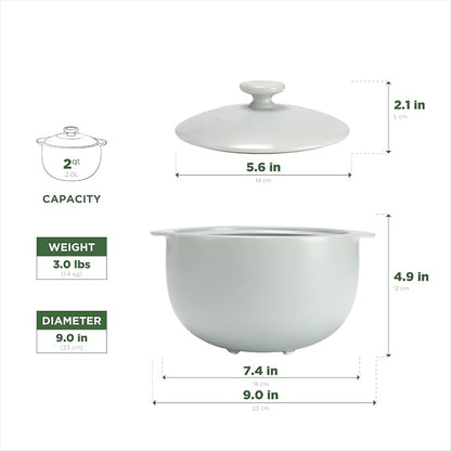 MINH LONG 2-Qt Porcelain Dutch Oven with Lid – Lead & Cadmium Free, Oven Safe to 482°F, Heat Retention, Clay Pot for Cooking on Gas & Infrared Cooktop, Use to Marinate, Cook, Bake, Refrigerate & Serve
