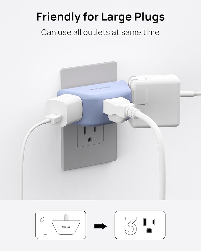 TROND Outlet Extender, 3 Way Angled Wall Plug Splitter, 3-Prong Grounded Outlet Adapter, Cruise Essentials, Compact and Practical Plug Expander for Home Decoration Travel Essentials, Blue