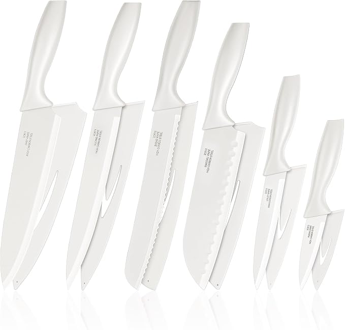 E-far 12-Piece Kitchen Knife Set, Stainless Steel Chef Knives Set with 6 Blade Guards, Sharp Kitchen Cooking Knife with Ergonomic Handle, Anti-Rust & Easy to Clean (Cream)