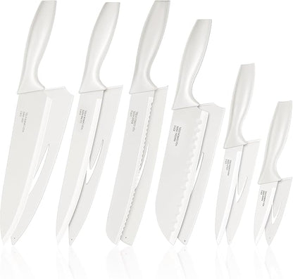 E-far 12-Piece Kitchen Knife Set, Stainless Steel Chef Knives Set with 6 Blade Guards, Sharp Kitchen Cooking Knife with Ergonomic Handle, Anti-Rust & Easy to Clean (Cream)