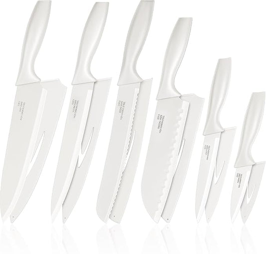 E-far 12-Piece Kitchen Knife Set, Stainless Steel Chef Knives Set with 6 Blade Guards, Sharp Kitchen Cooking Knife with Ergonomic Handle, Anti-Rust & Easy to Clean (Cream)