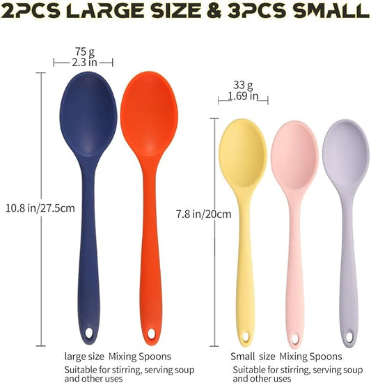 Silicone Spoons Set of 5,Mixing Spoons for cooking,Heat Resistant Spoons, Mixing Spoons for Kitchen Cooking Baking Stirring Mixing Tools (2pcs Large & 3pcs small)