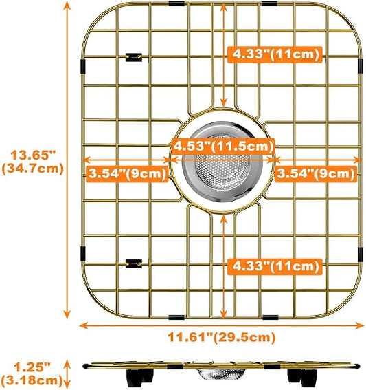 Kitchen Sink Grid Gold Sink Protector, Stainless Steel Sink Grid with Center Drain, 13.7"L X 11.6"W Sink Bottom Grid for Sink Bowl