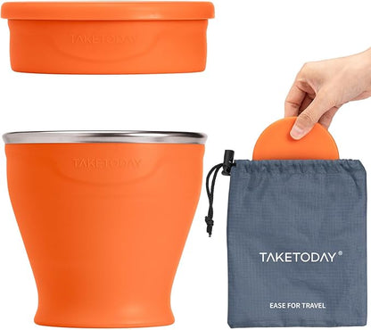 TakeToday Collapsible Travel Cup 8 oz - Silicone Foldable Water Cup, BPA-Free with Lid & Waterproof Bag - Drinking Cup Set for Camping, Outdoors & International Travel（Orange）