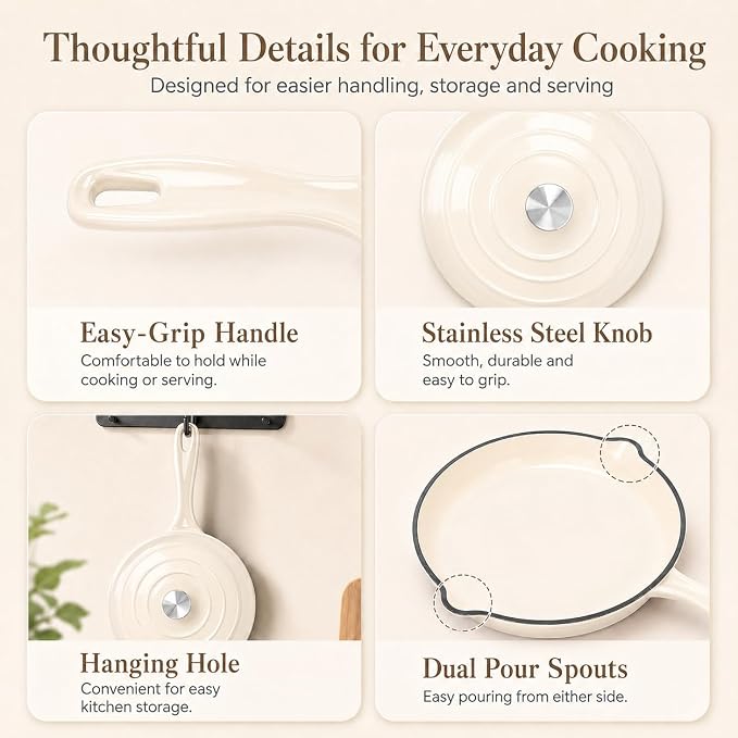 Hisencn Enameled Cast Iron Cookware Set - 7-Piece Ceramic Coated Cast Iron Cookware Set, Dutch Ovens, Sauce Pan, Skillet, 3 Lids, Heavy Duty Cookware, Gas/Induction Compatible, PFA Free, Cream White