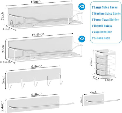 Magnetic Spice Rack for Refrigerator,8 Pack Magnetic Fridge Shelf, Moveable Spice Organizer with Hook Rack, Paper Towel Holder, Utensil Holder,cup lid holder, Super Magnetic Rack Set (White)