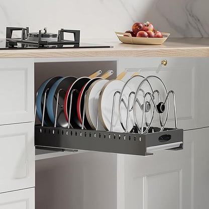 Pan Organizers Inside Cabinet with Drip Tray, 21" Deep Pull out Cabinet Organizer Adhesive, Pot Lids Organizer with Handle Under Cabinet, Slide Out Cookie Sheet organizer with 9 Adjustable Dividers