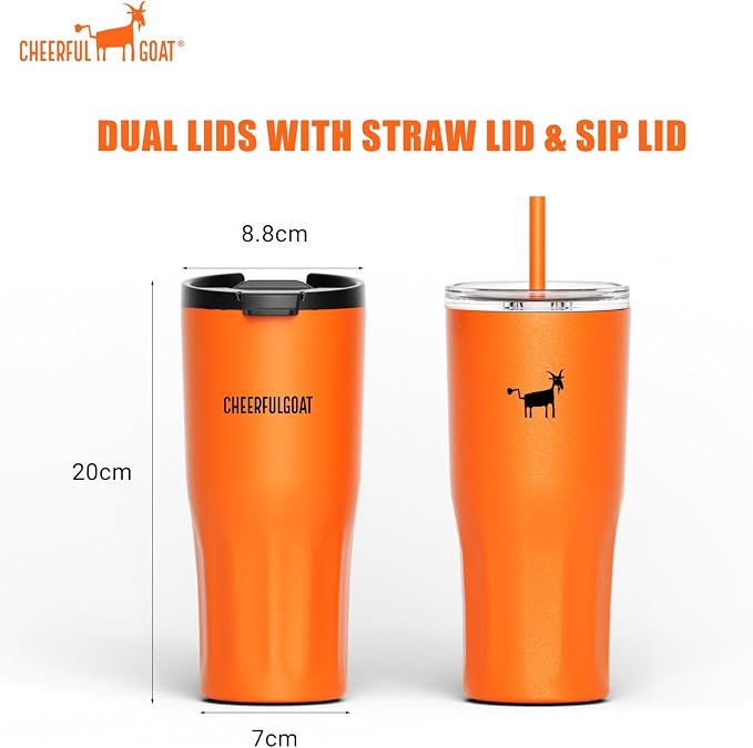 CHEERFUL GOAT Ceramic Lined Coffee Travel Tumbler – Stainless Steel Travel Coffee Tumbler with Ceramic Liner, with lid, 21 OZ Cup for Hot and Cold Water Coffee at Home, Office, or On the Go (Orange)