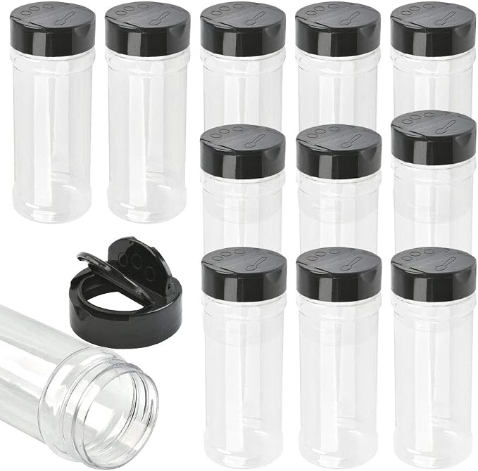 12 Pack Plastic Spice Containers, 8oz Plastic Spice Jars with Black Cap, Plastic Spice Bottles With Shaker Lids, Empty Seasoning Bottles Plastic Seasoning Containers for Spice, Herbs and Powders