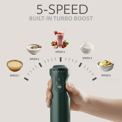 WILLOW Eco Series 5 Speed Immersion Blender Handheld, Powerful yet Quiet 500 Watt Electric Stick Blender with Turbo Mode & Removable Base, Hand Blender for Soup, Smoothie, 304 Stainless Steel - GREEN