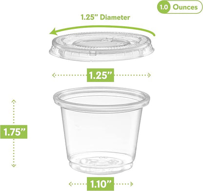 ELEGANT DISPOSABLES (1 oz - 100 Sets) Clear Diposable Plastic Portion Cups With Lids, Small Mini Containers For Portion Controll, Jello Shots, Meal Prep, Sauce Cups, Slime, Condiments,