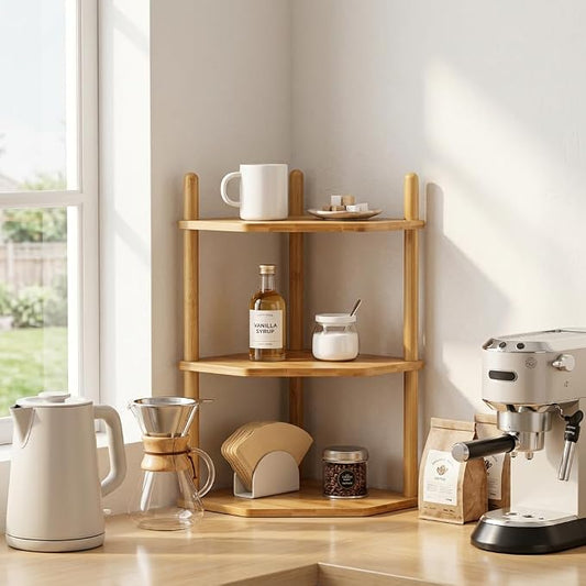 3-Tier Expandable Bamboo Corner Shelf - Dish/Plate Organizer for Cabinet, Kitchen Counter Shelf & Small Kitchen Shelf, Adjustable (Natural, 2-Pc 6.70" H)