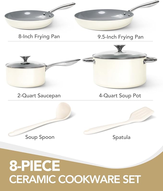 MICHELANGELO Pots and Pans Set Non Stick 8 Piece Ceramic Cookware Set Cream | PFAS-Free Cream Ceramic Nonstick Cookware Set for Eggs, Pancakes, Sauces, Low-Oil Cooking and Induction Stoves, Fast Cleanup